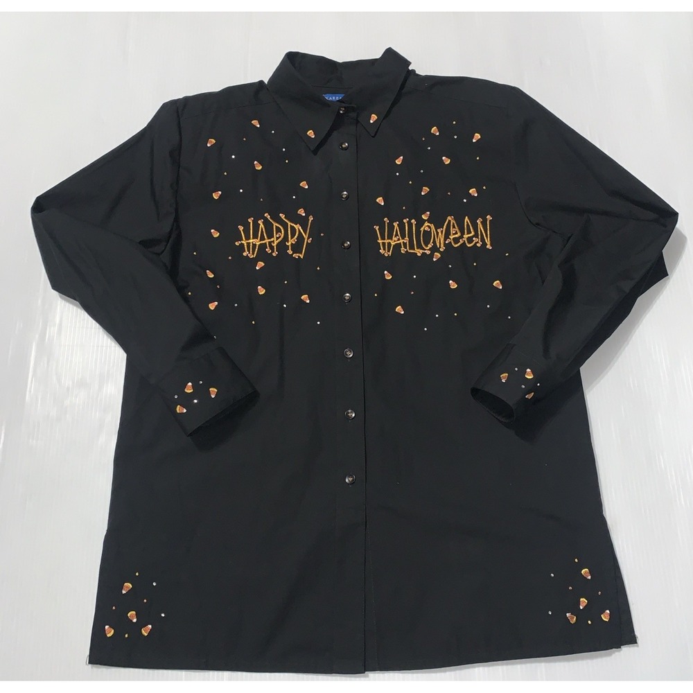 Karen Scott Halloween Pumpkin Candy Corn Embroidered Button Up Shirt Womens Sz M